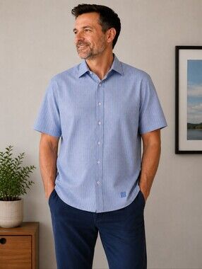 Givenchy Men XL Short Sleeve Button Down Shirt Blue Micro Check Embroidered Logo